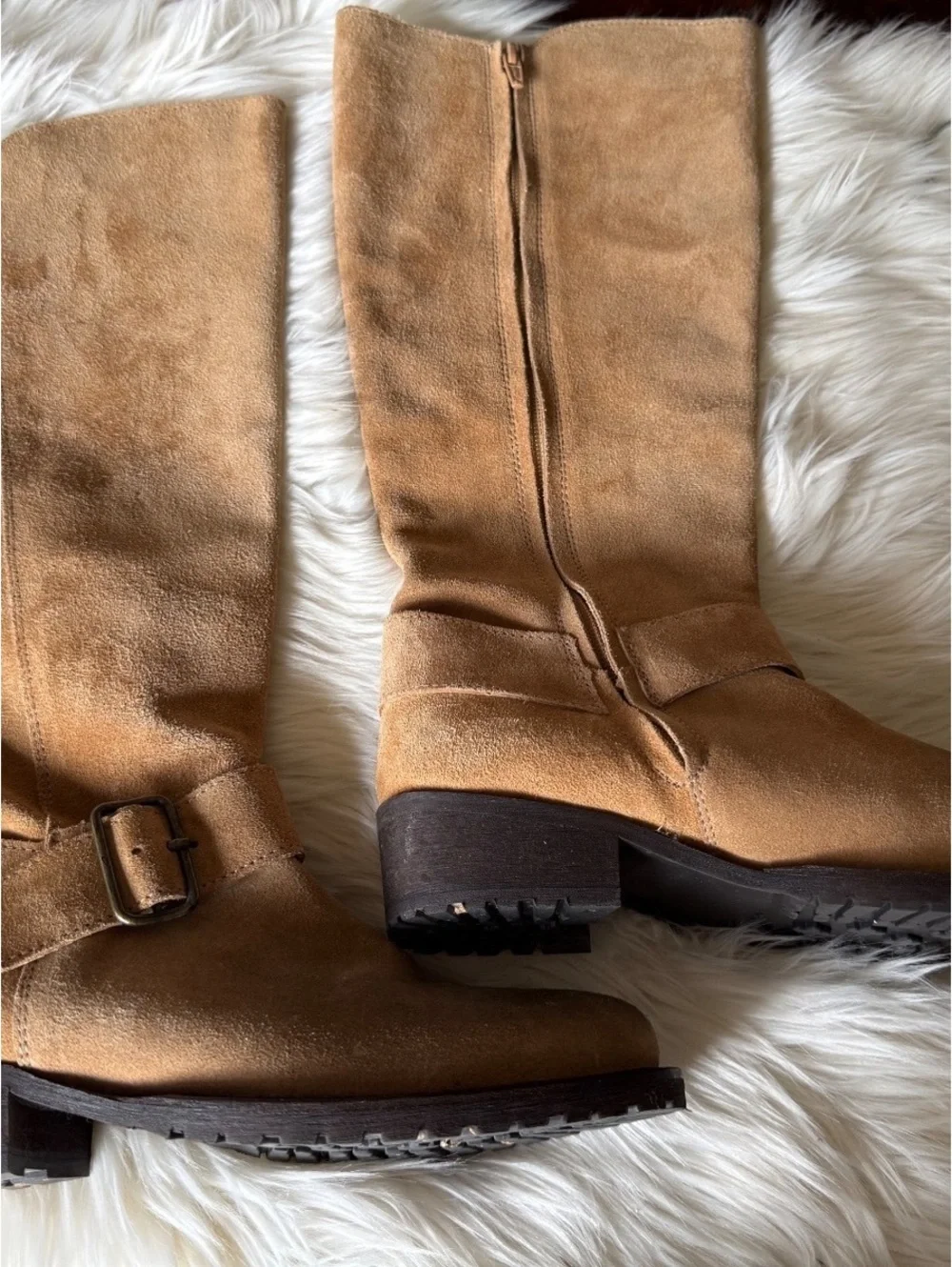 Sundance Tan Suede Knee High Boots with Buckle Detail